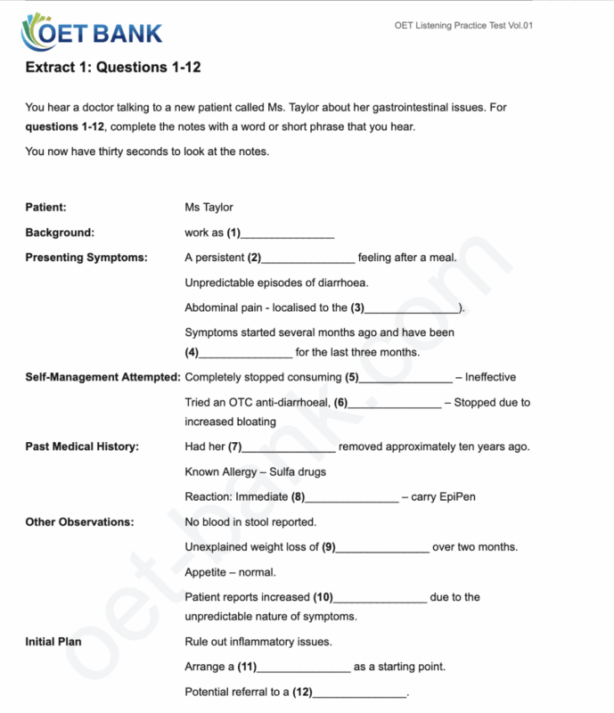 OET Listening Part A notes page (Q1–12): GI consultation.