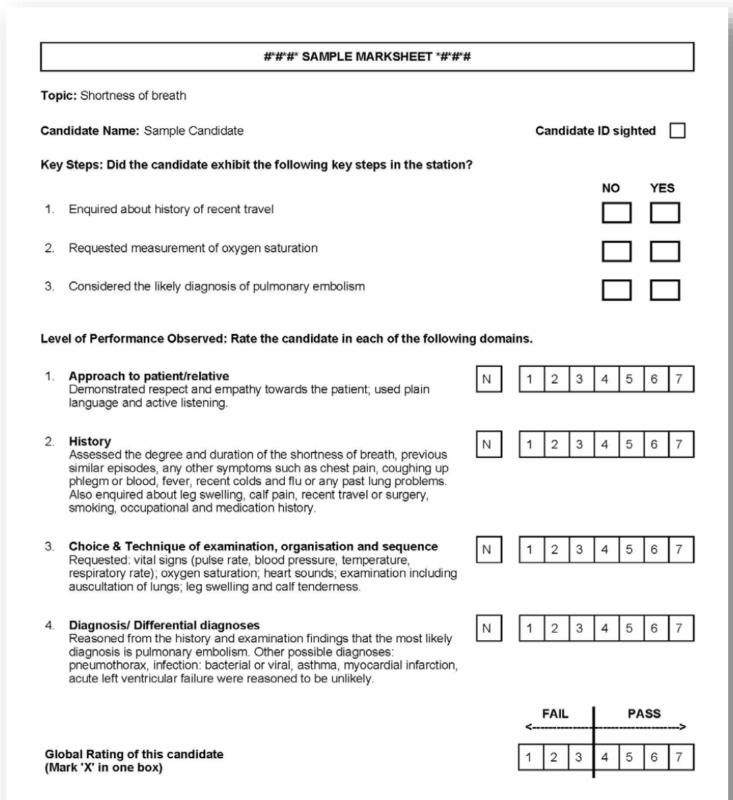 Sample AMC Clinical Exam marksheet – Shortness of breath station with rating scales and key steps.