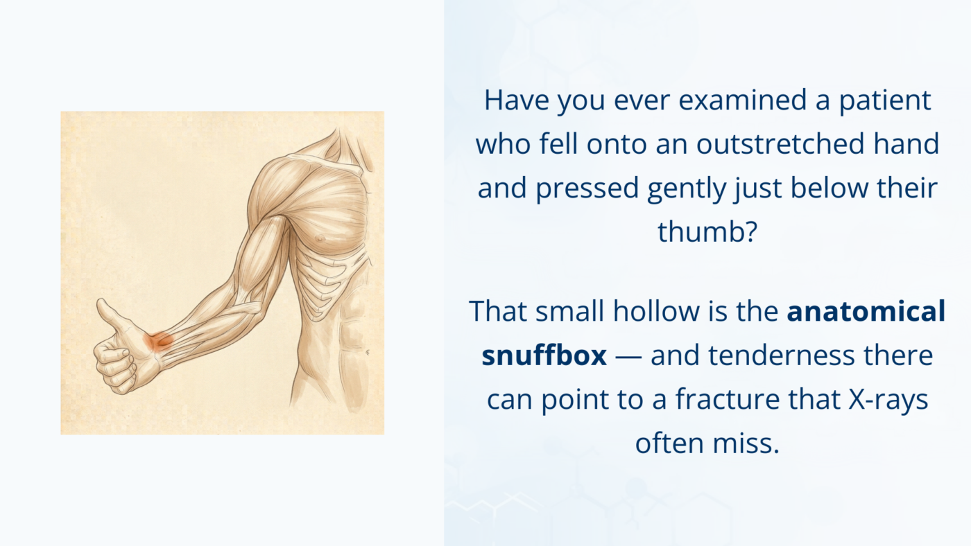 Medical illustration of the wrist from the thumb side, highlighting the anatomical snuffbox, the small hollow at the base of the thumb.