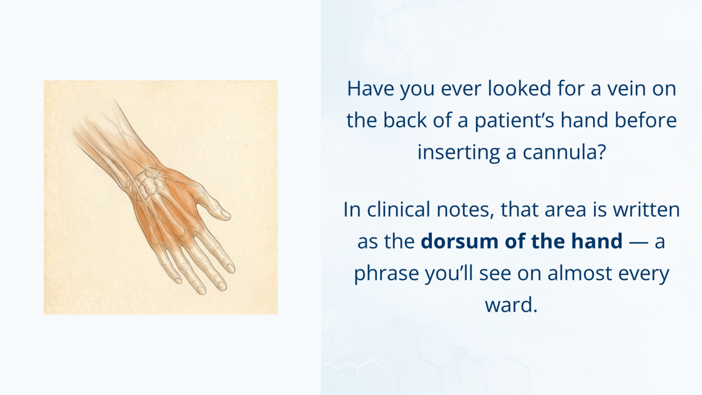 Medical illustration of a hand seen from the back, highlighting the dorsum of the hand from the wrist to the knuckles.