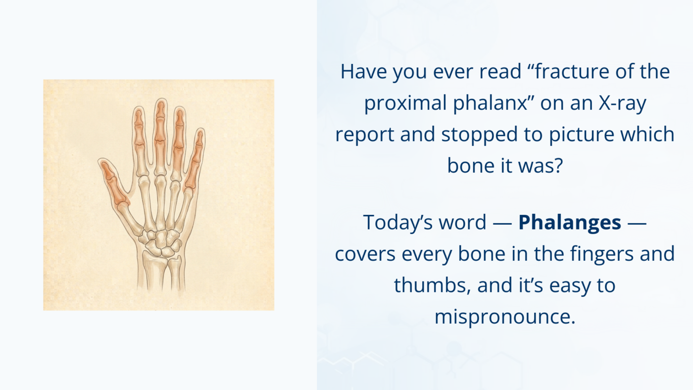 Medical illustration of the bones of the hand highlighting the phalanges, the bones of the fingers and thumb.